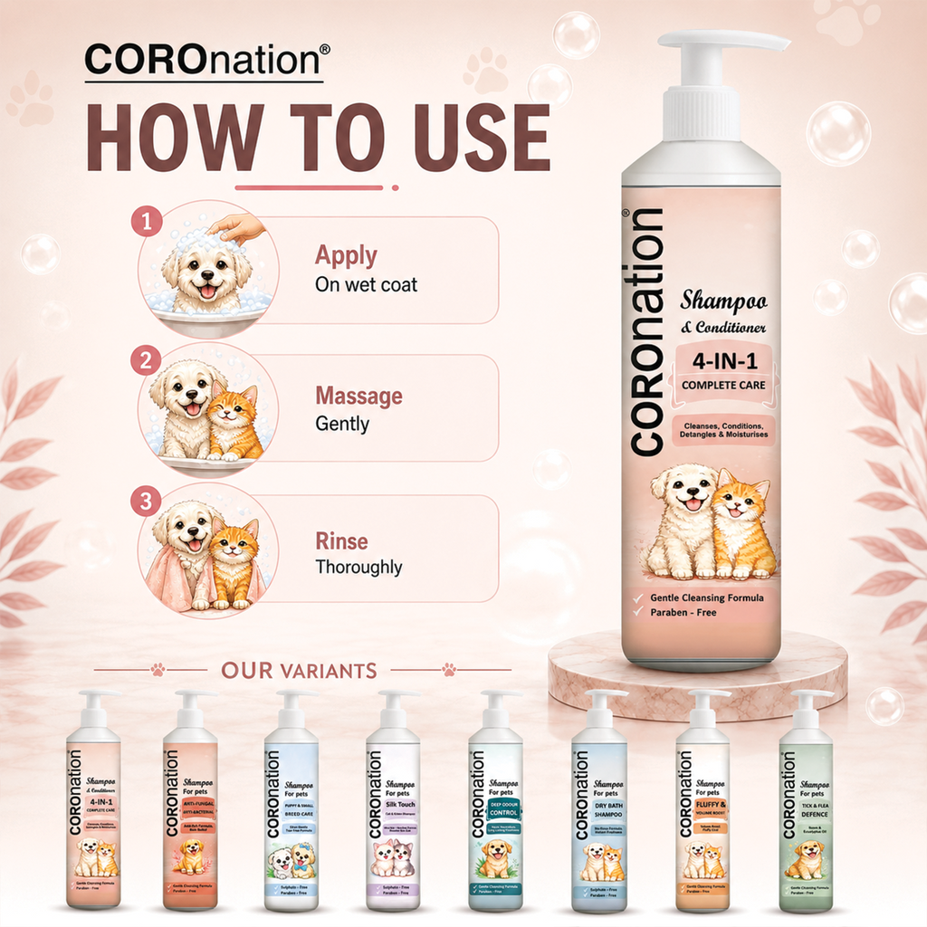 COROnation Pet 4 in 1 Shampoo for Dogs & Cats | Cleans, Conditions, Deodorizes & Moisturizes | Mild & Gentle Pet Grooming Shampoo - 250 ml
