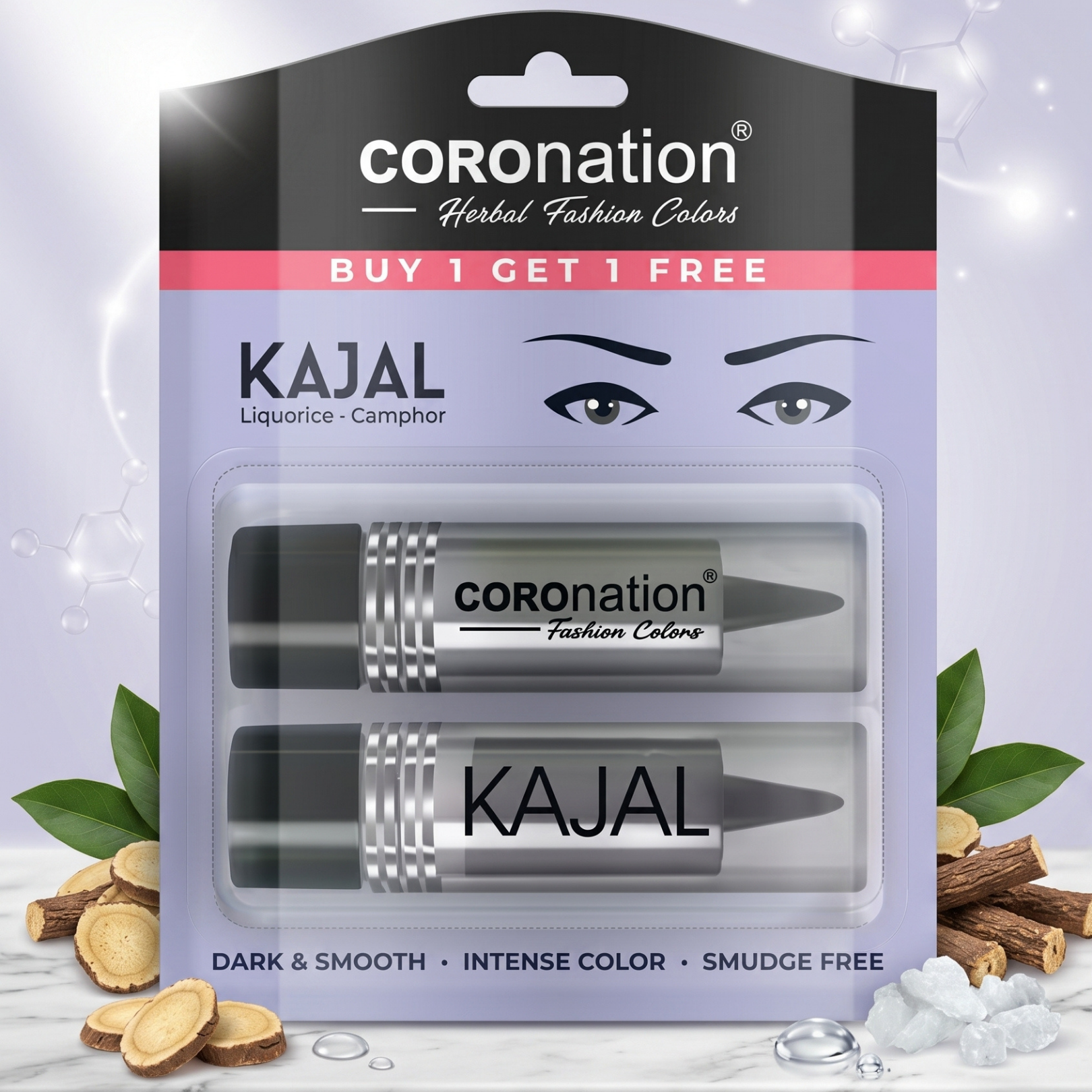 COROnation Herbal Kajal, Pack of 2 | 2 × 2.5 g | Smooth Application for Defined and Beautiful Eyes