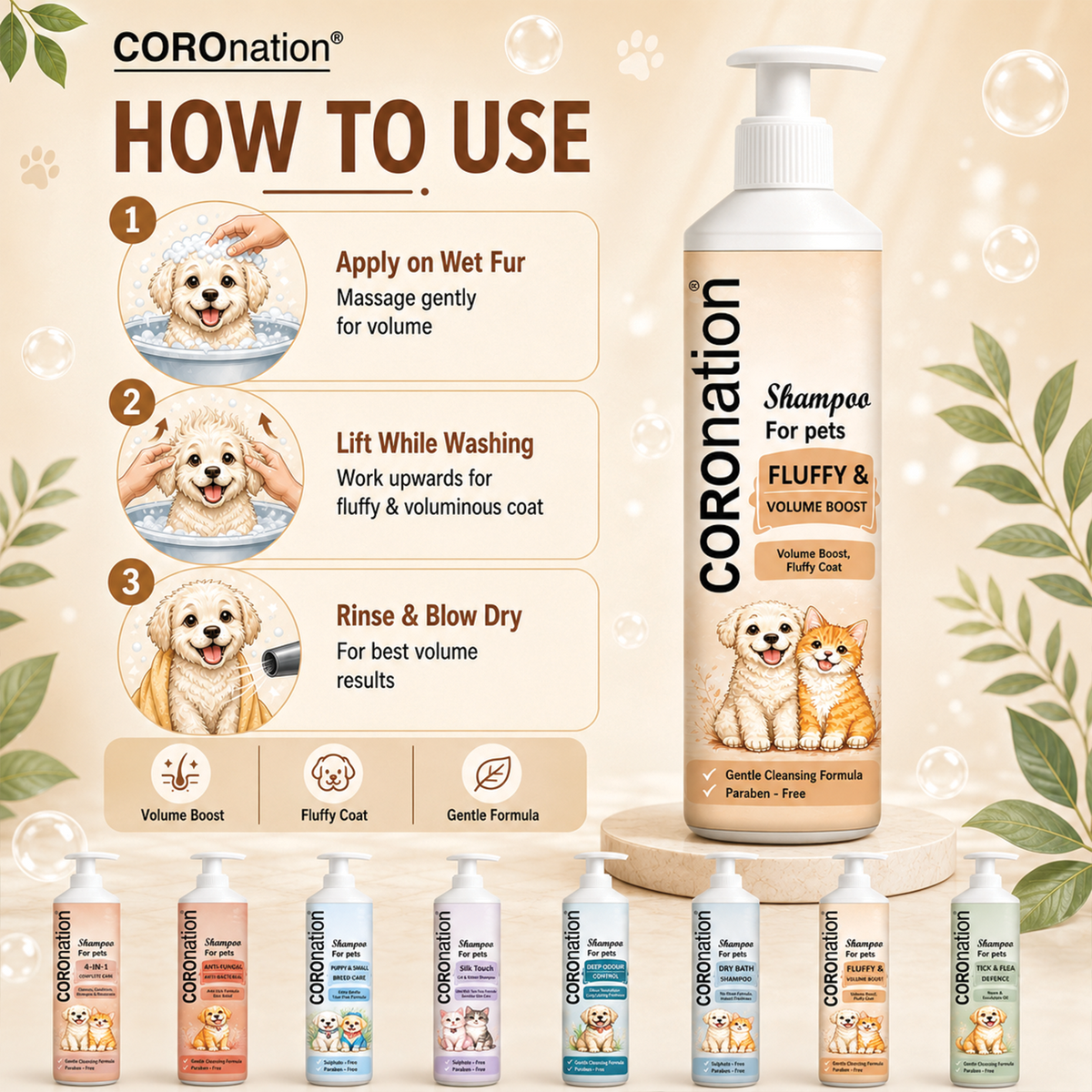 COROnation Fluffy & Volume Boost Pet Shampoo for Dogs & Cats | Adds Body, Softness & Shine to Coat - 250 m