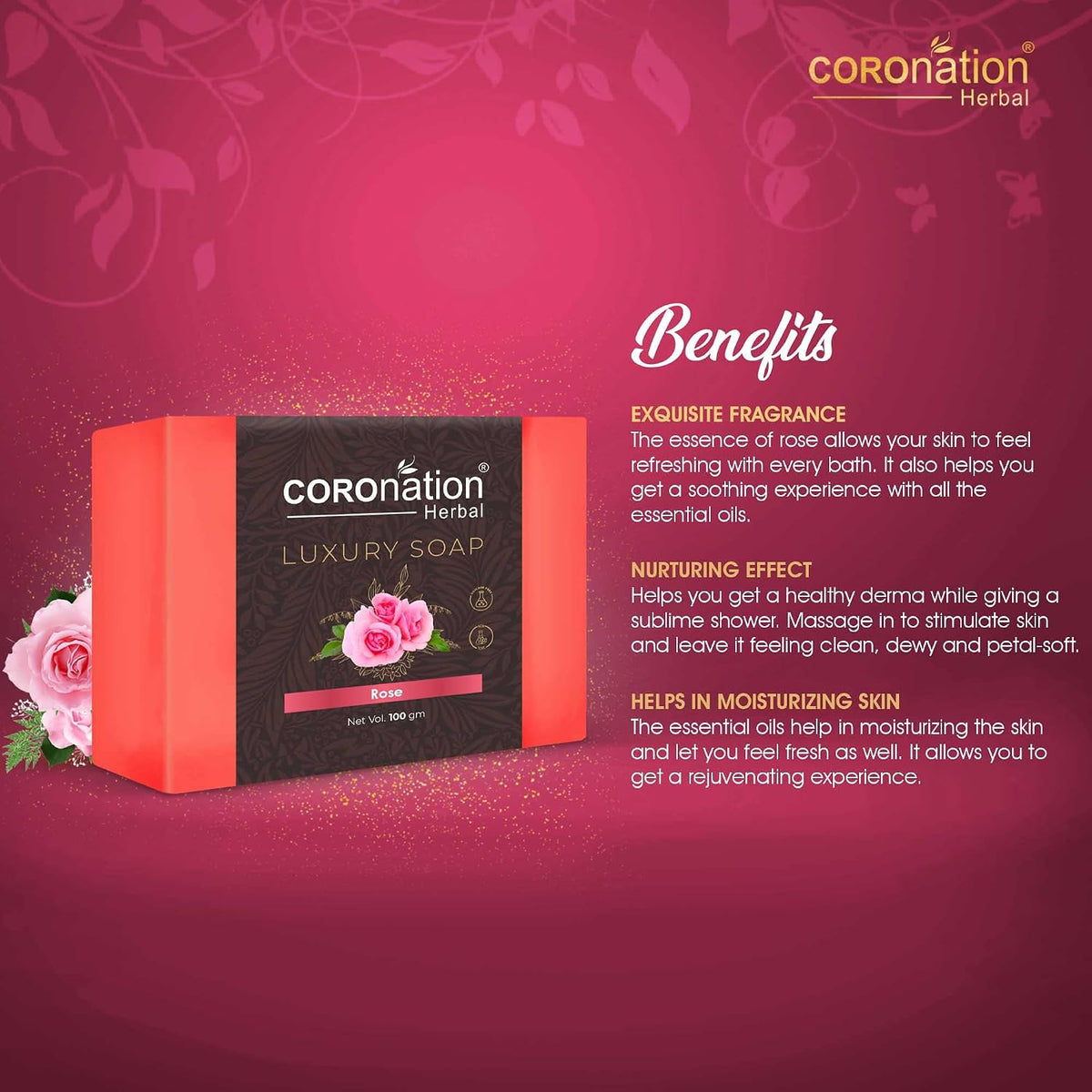COROnation Herbal Pink Rose Soap, 100 g | Refreshing Fragrance | Gentle Cleansing Bar