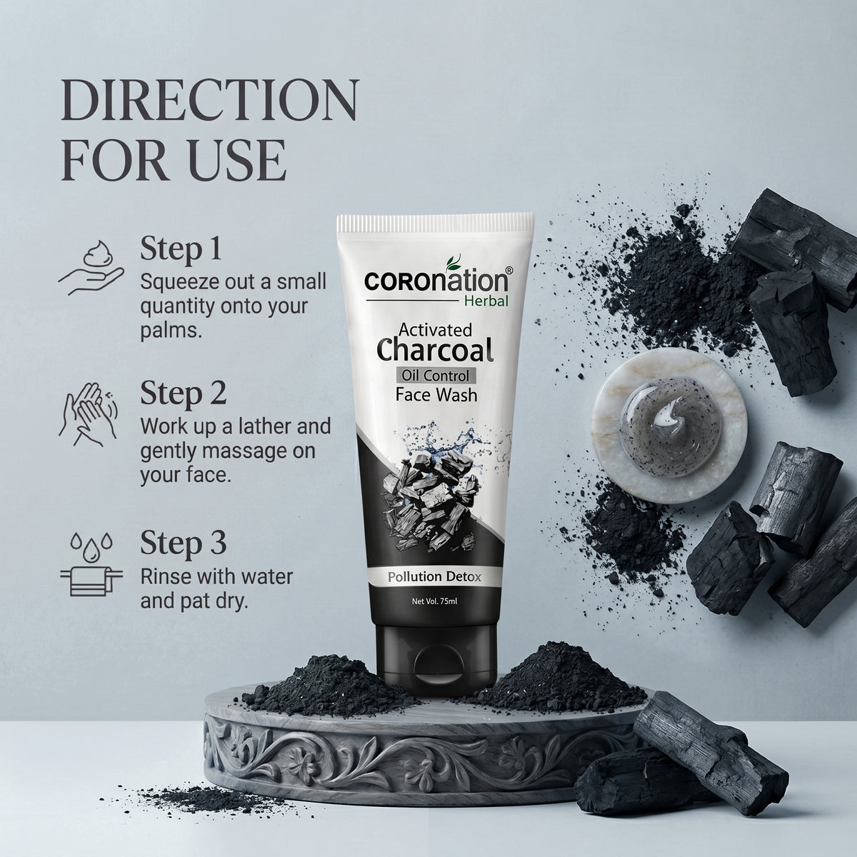COROnation Herbal Active Charcoal Face Wash for Deep Cleansing & Oil Control – 75 g