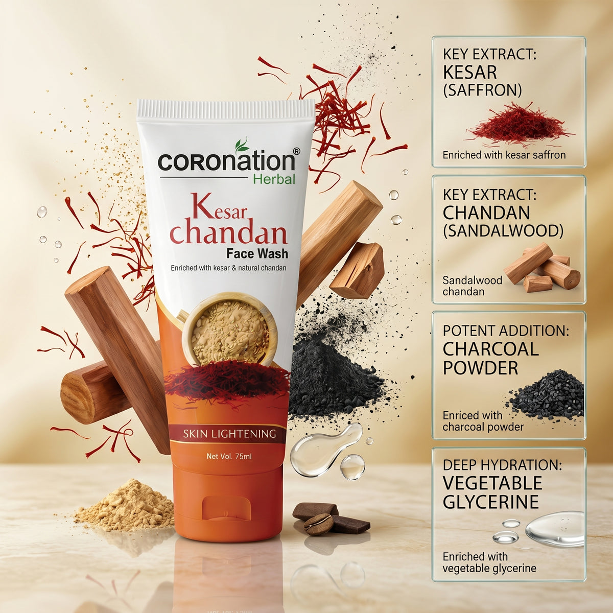 COROnation Herbal Kesar Chandan Face Wash for Deep Cleansing & Fresh-Looking Skin – 75 g