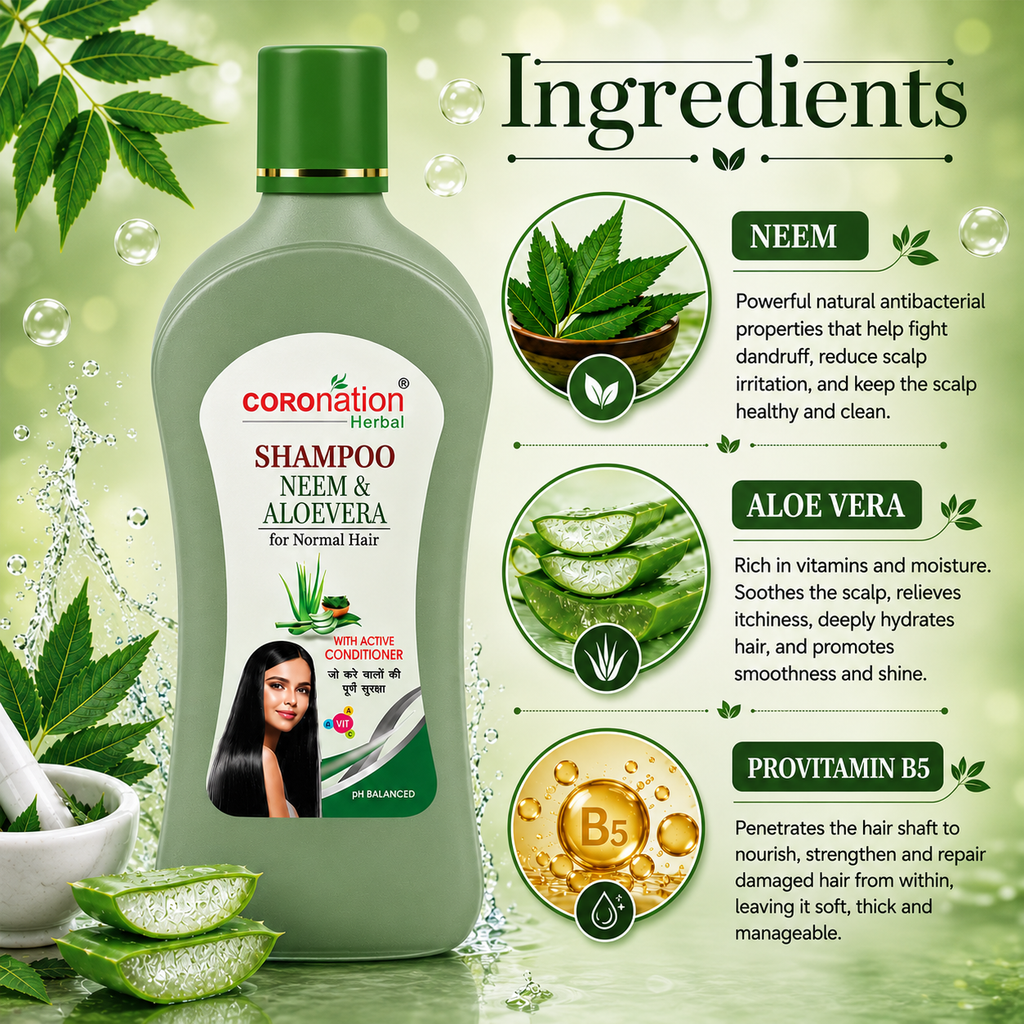 COROnation Herbal Neem and Aloe Vera Shampoo for Healthy Hair, Gentle Cleansing & Scalp Care – 500 ml