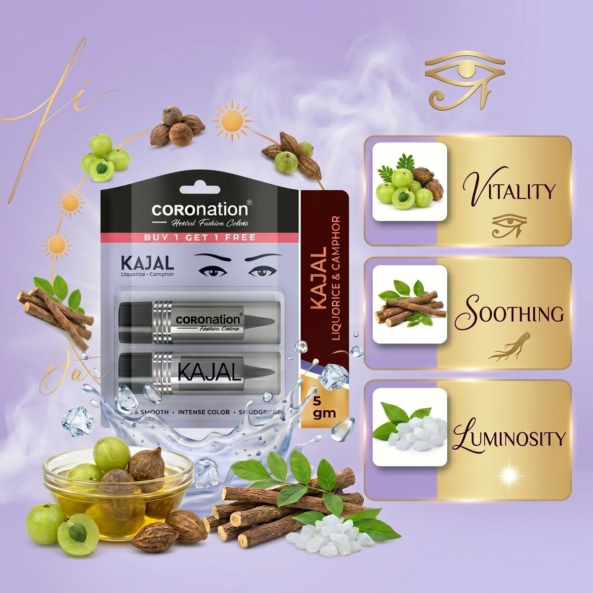 COROnation Herbal Kajal, Pack of 2 | 2 × 2.5 g | Smooth Application for Defined and Beautiful Eyes