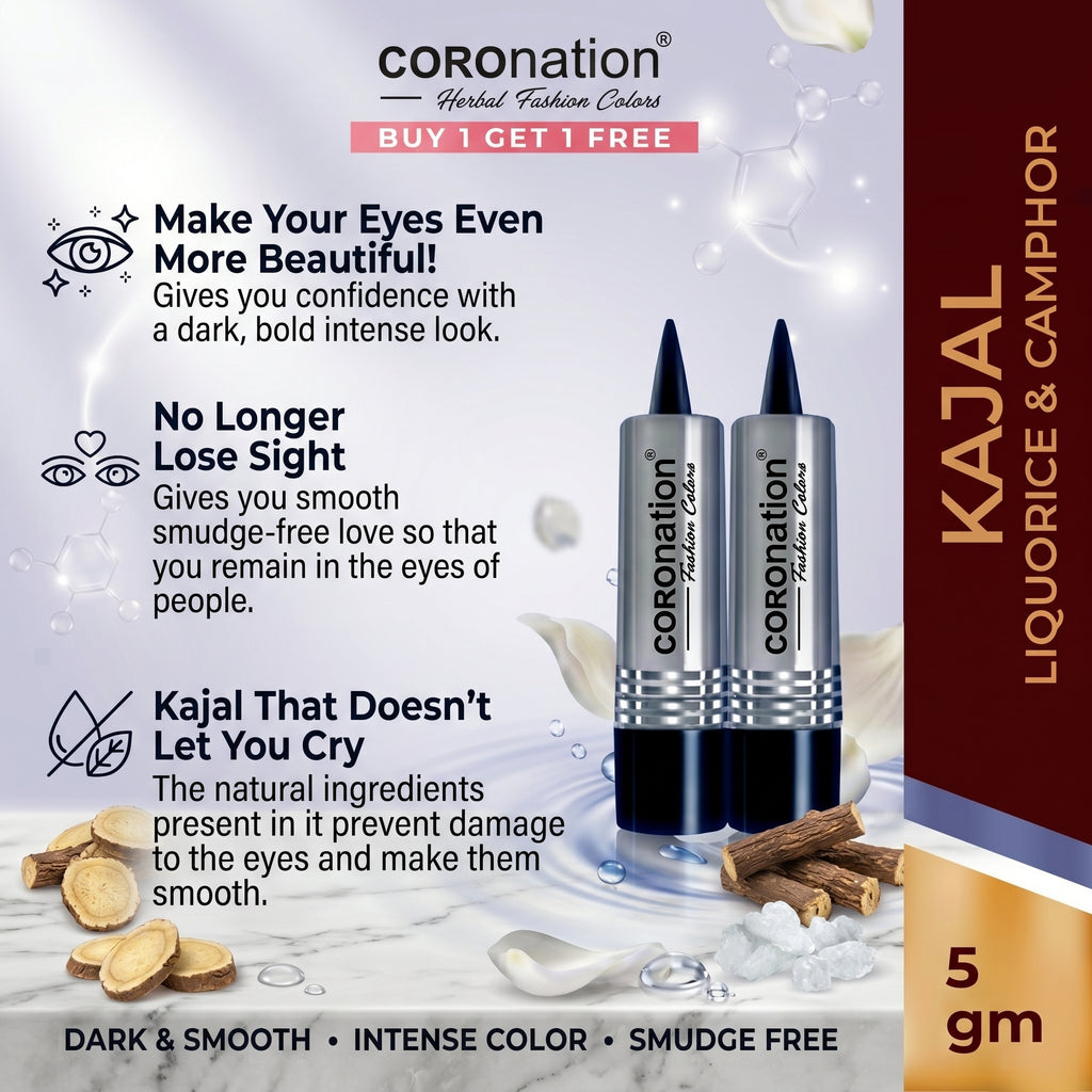 COROnation Herbal Kajal, Pack of 2 | 2 × 2.5 g | Smooth Application for Defined and Beautiful Eyes
