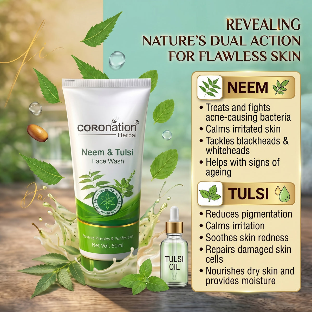 COROnation Herbal Neem Tulsi Face Wash for Deep Cleansing & Fresh-Looking Skin – 60 g