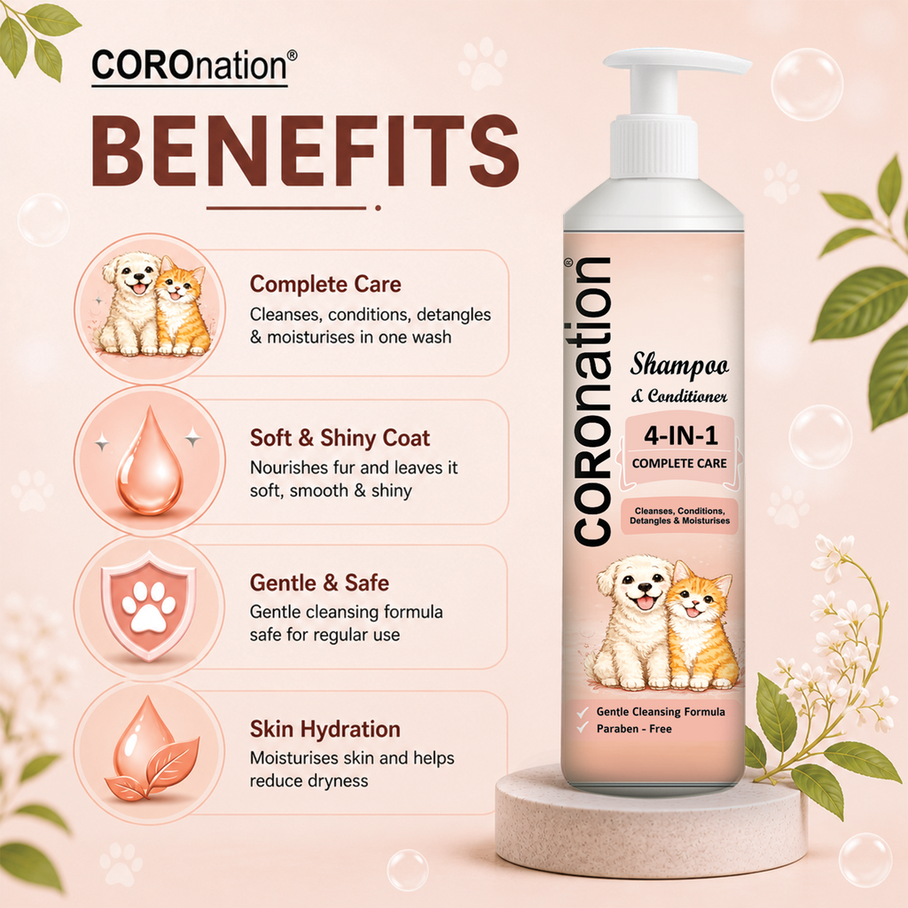 COROnation Pet 4 in 1 Shampoo for Dogs & Cats | Cleans, Conditions, Deodorizes & Moisturizes | Mild & Gentle Pet Grooming Shampoo - 250 ml