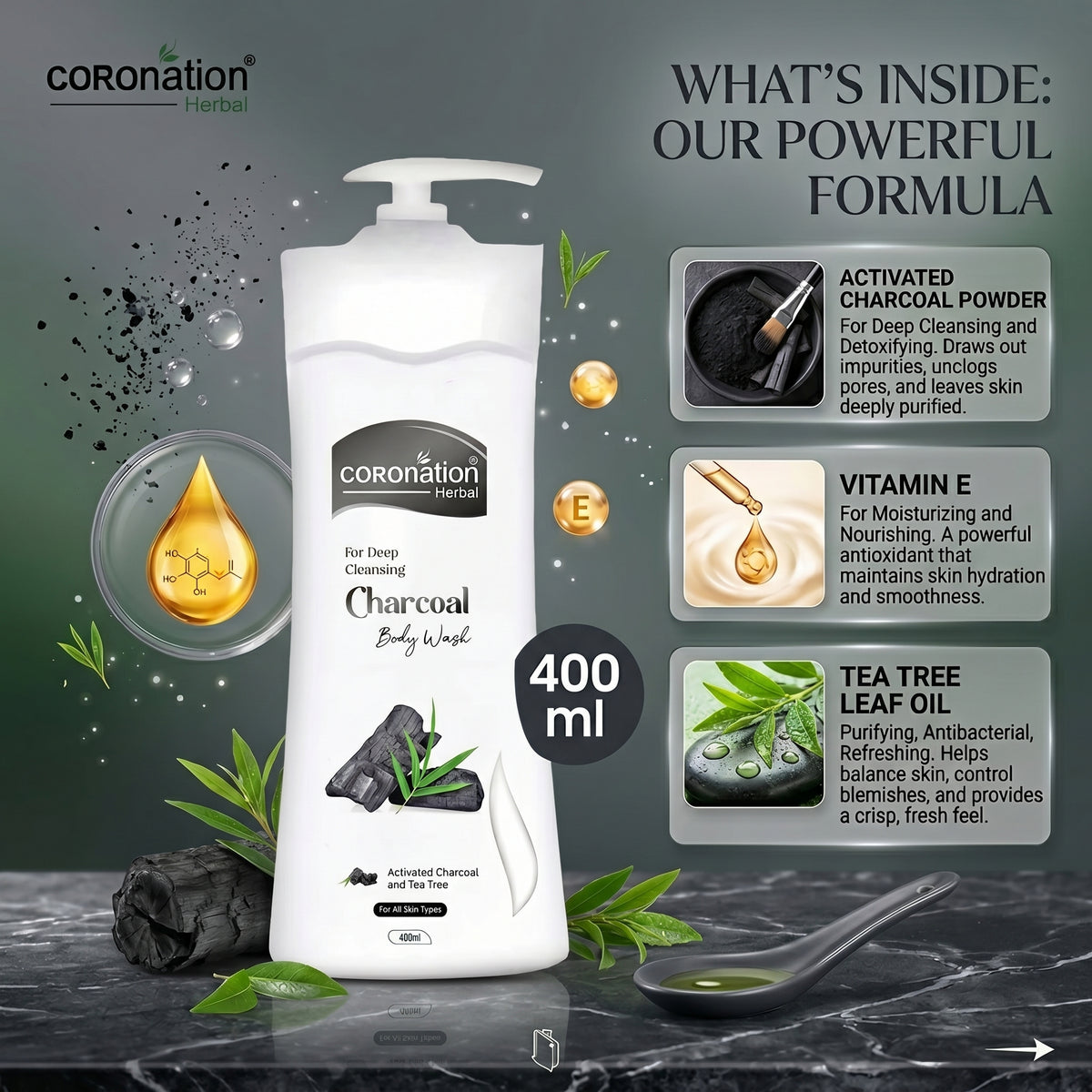Coronation Body Wash - Active Charcoal - 400ml