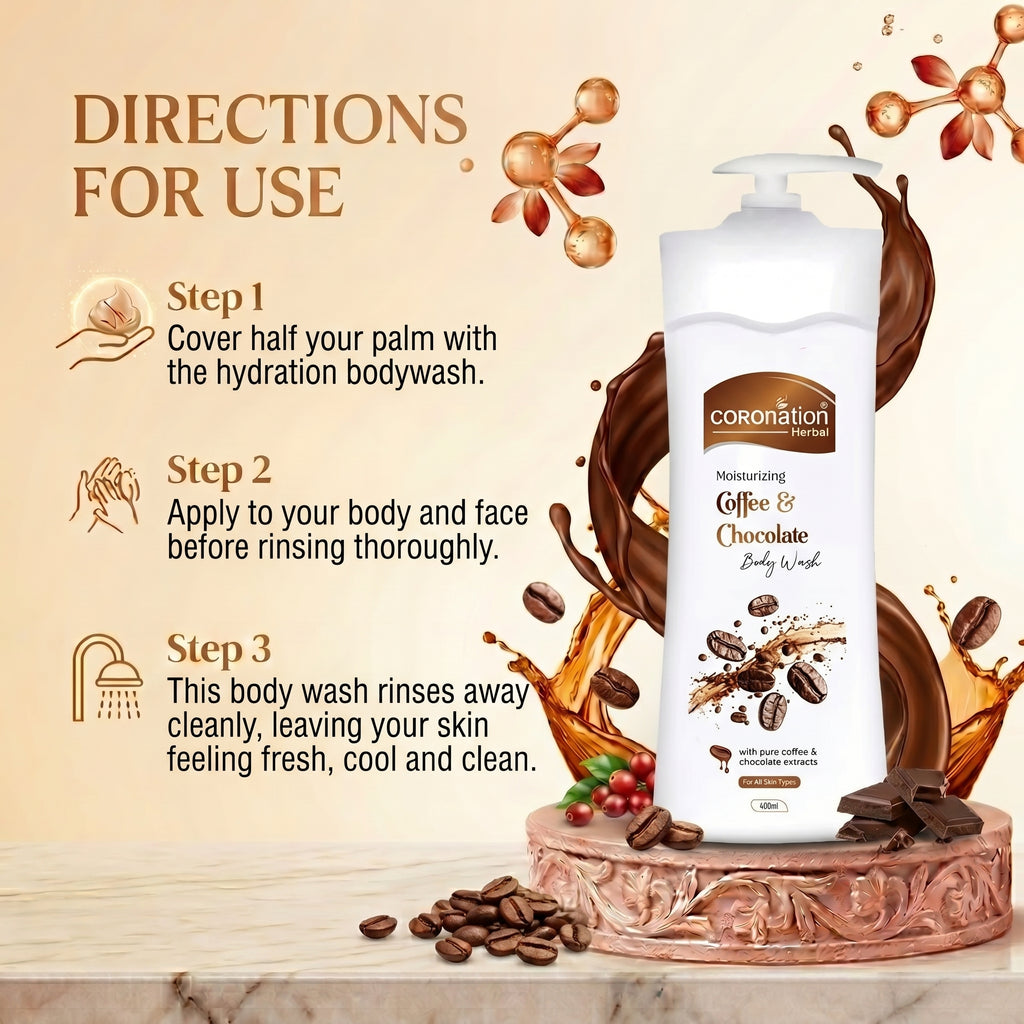 COROnation Herbal Coffee & Chocolate Body Wash, 400 ml | Refreshing Daily Body Cleanser