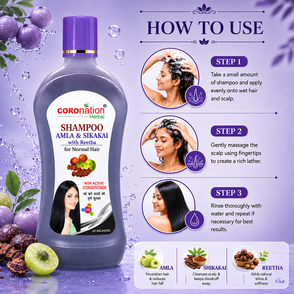 COROnation Herbal Amla Shikakai and Reetha Shampoo for Hair Cleansing & Scalp Care – 500 ml