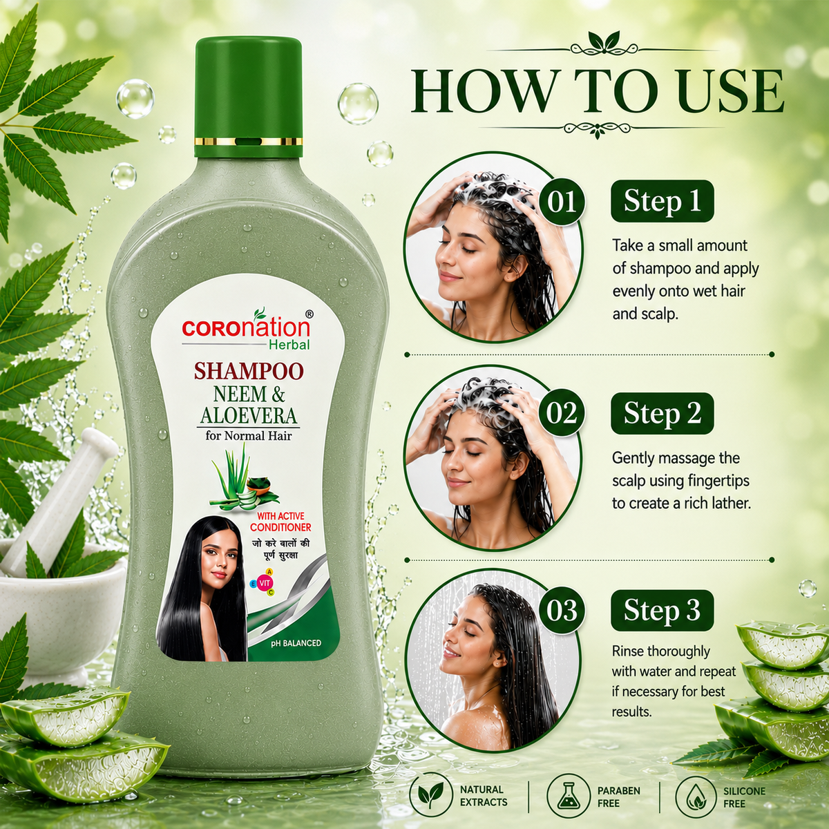 COROnation Herbal Neem and Aloe Vera Shampoo for Healthy Hair, Gentle Cleansing & Scalp Care – 500 ml