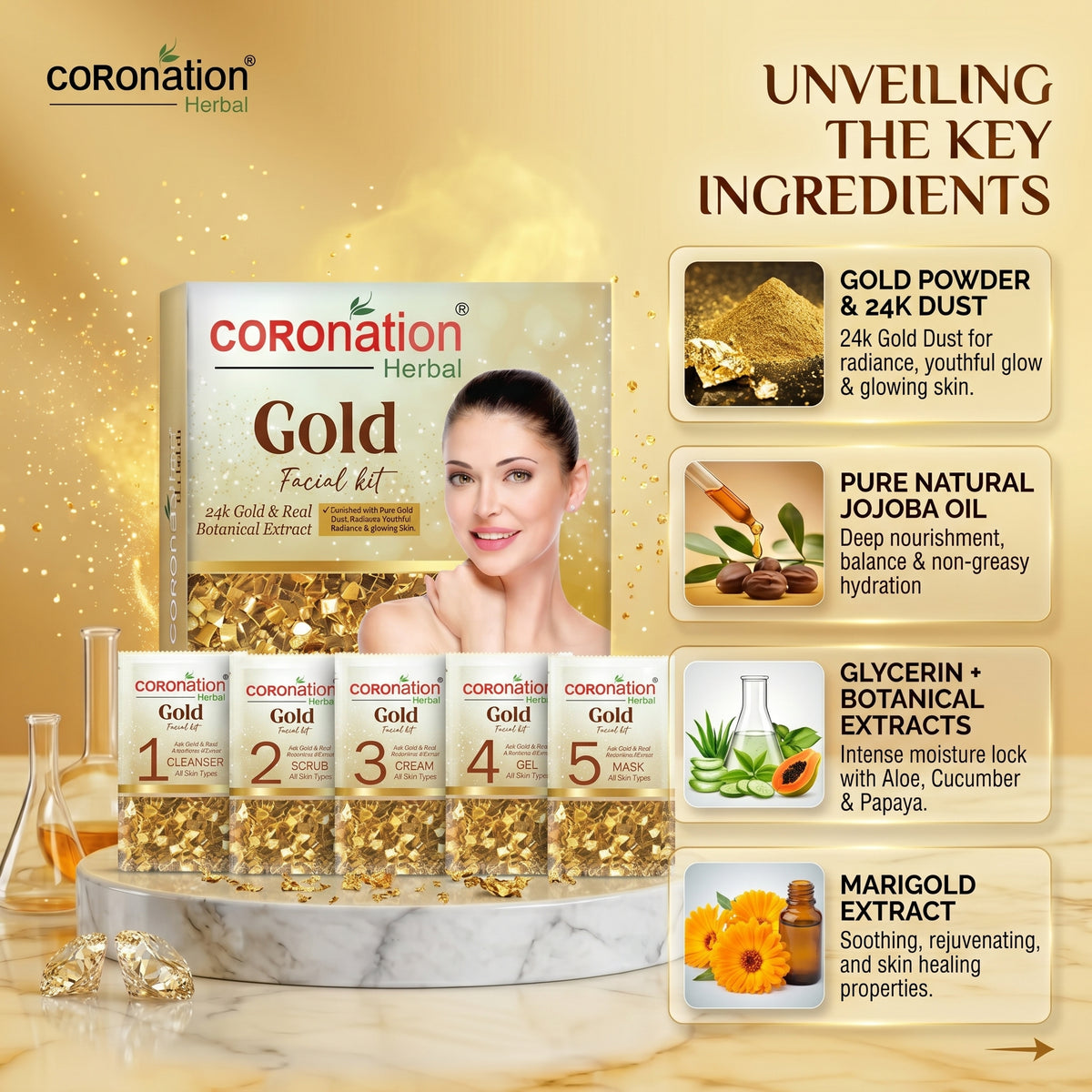 COROnation Herbal Gold Facial Kit for Glowing & Radiant-Looking Skin – 26 g