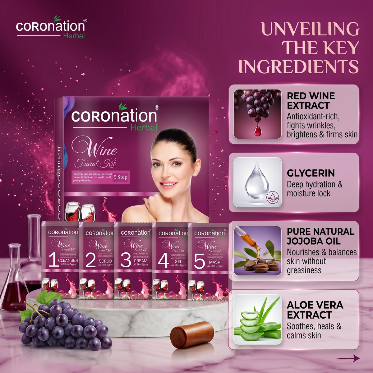 COROnation Herbal Wine Facial Kit for Skin Care & Radiant-Looking Skin – 26 g