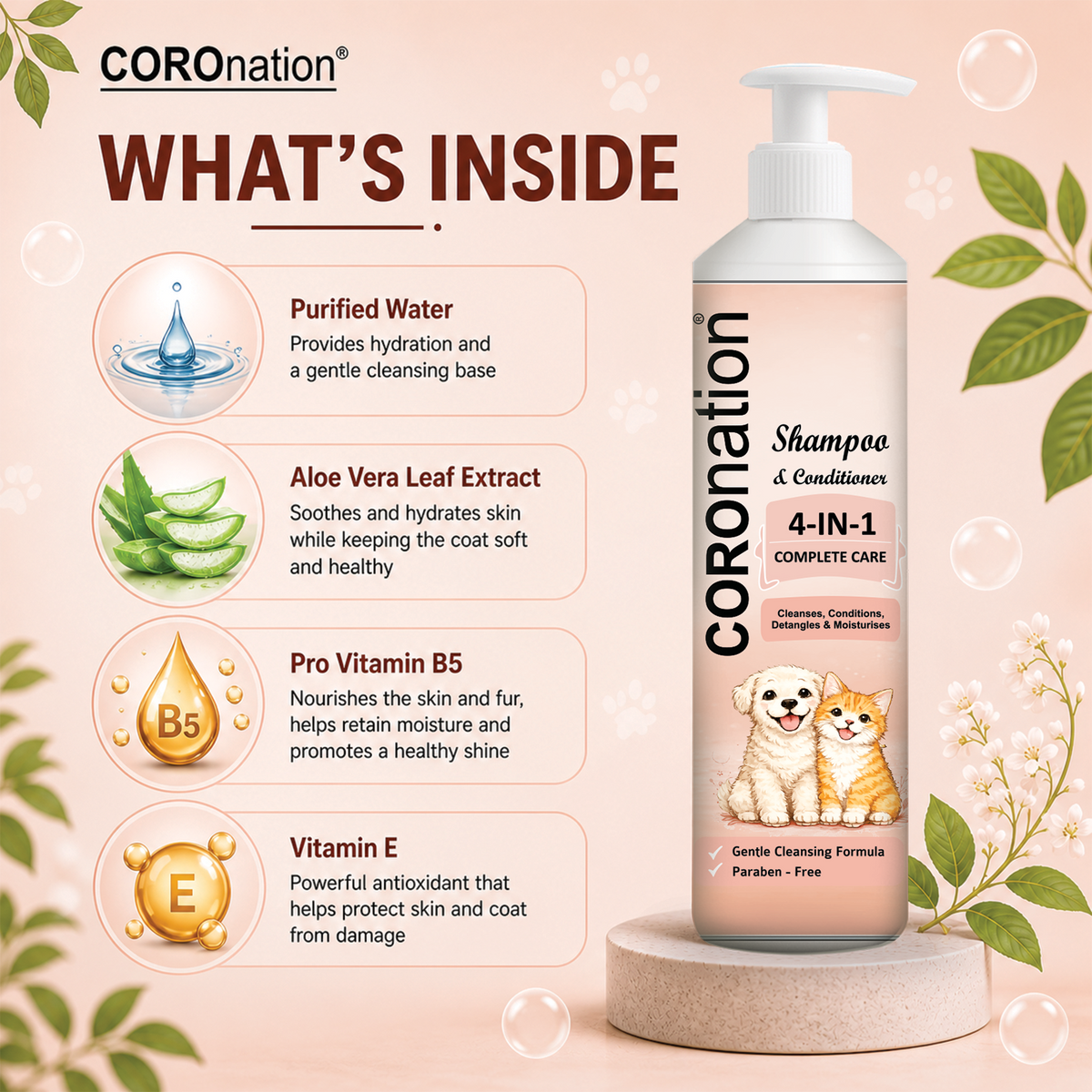 COROnation Pet 4 in 1 Shampoo for Dogs & Cats | Cleans, Conditions, Deodorizes & Moisturizes | Mild & Gentle Pet Grooming Shampoo - 250 ml